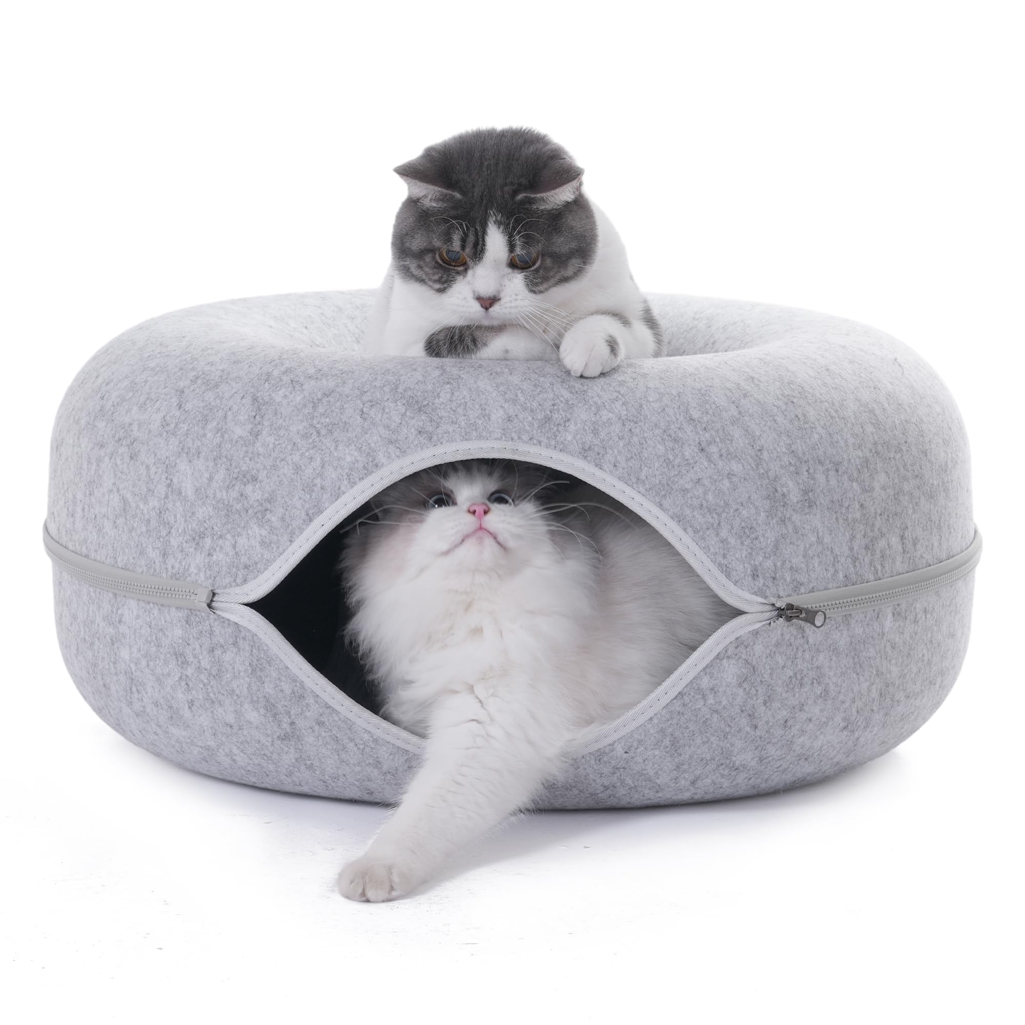 PLIISLUP Large Cat Tunnel Bed – Indoor Donut Cave with 3 Toys, Up to 30 lbs, Light Grey