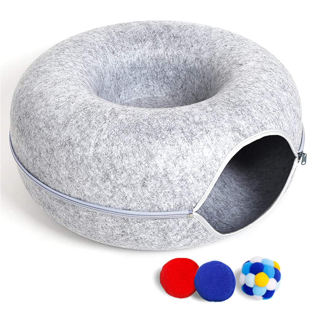 PLIISLUP Large Cat Tunnel Bed – Indoor Donut Cave with 3 Toys, Up to 30 lbs, Light Grey