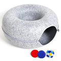 PLIISLUP Large Cat Tunnel Bed – Indoor Donut Cave with 3 Toys, Up to 30 lbs, Light Grey