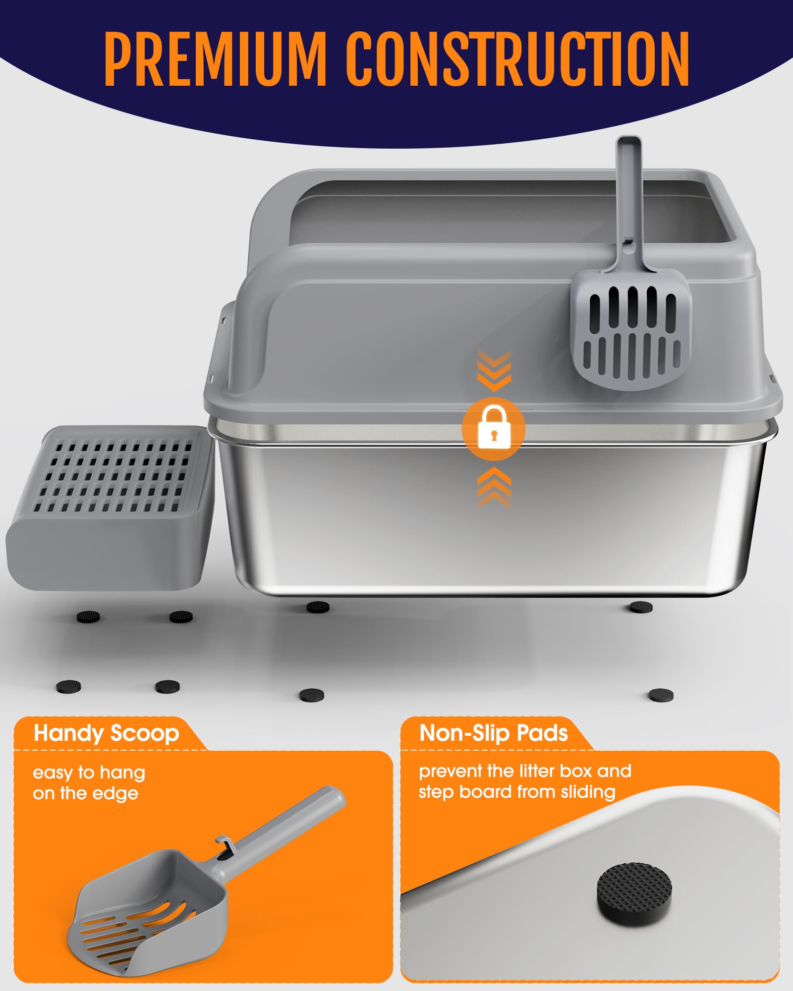 Powools Cat Litter Box - Stainless Steel, Scatter-Proof Top Entry & Elevated Step Board | Grey
