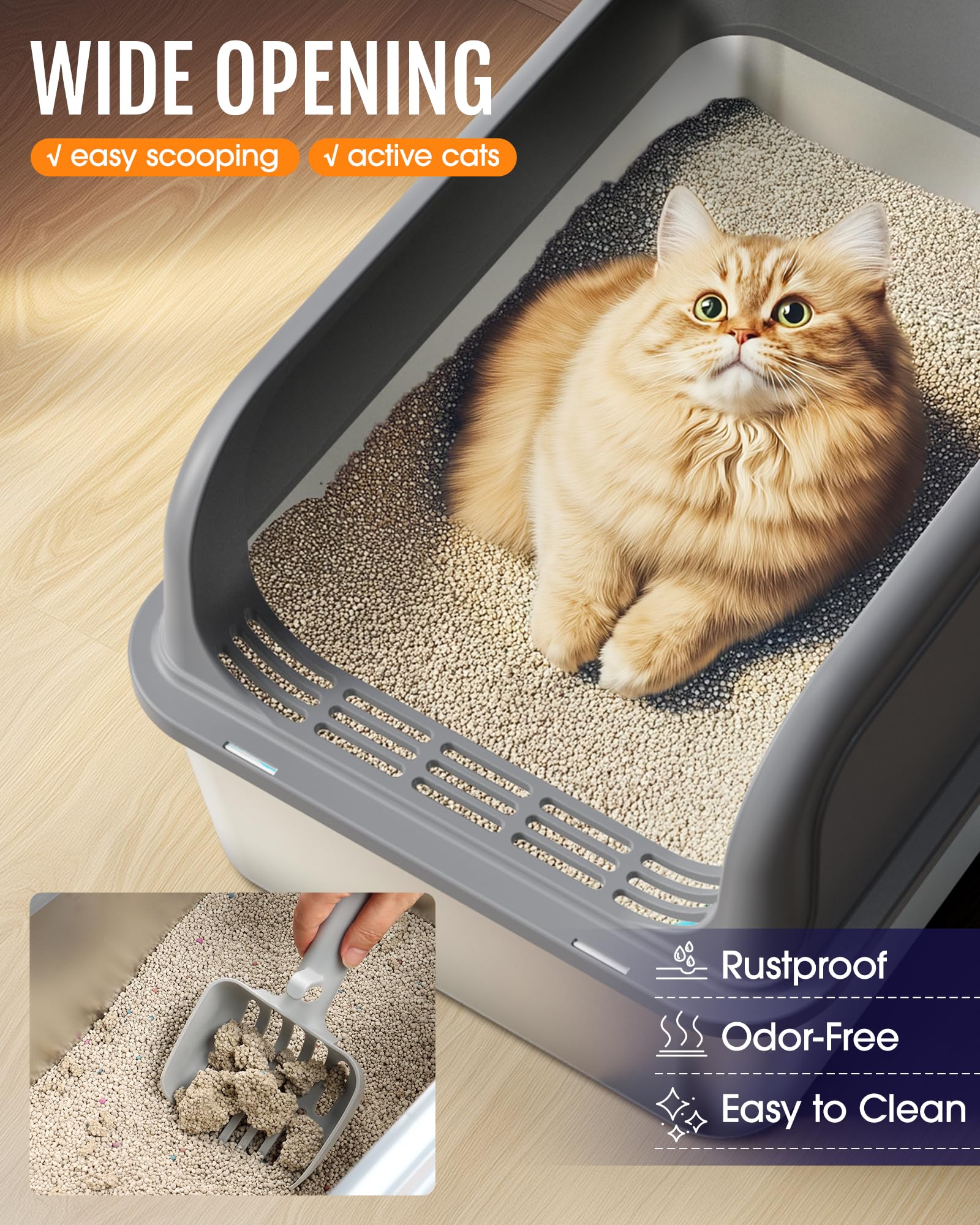 Powools Cat Litter Box - Stainless Steel, Scatter-Proof Top Entry & Elevated Step Board | Grey