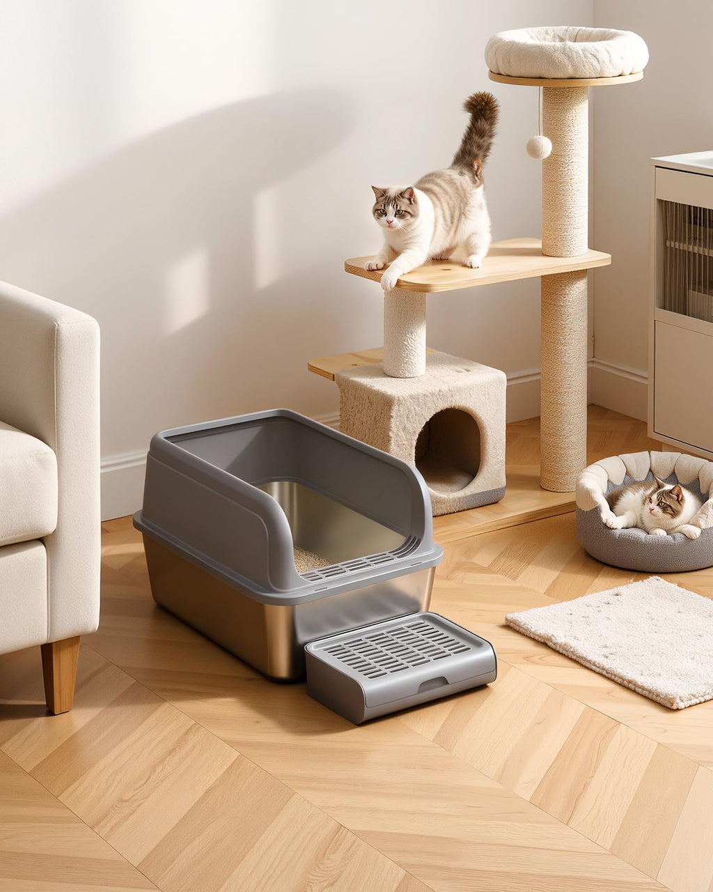 Powools Cat Litter Box - Stainless Steel, Scatter-Proof Top Entry & Elevated Step Board | Grey