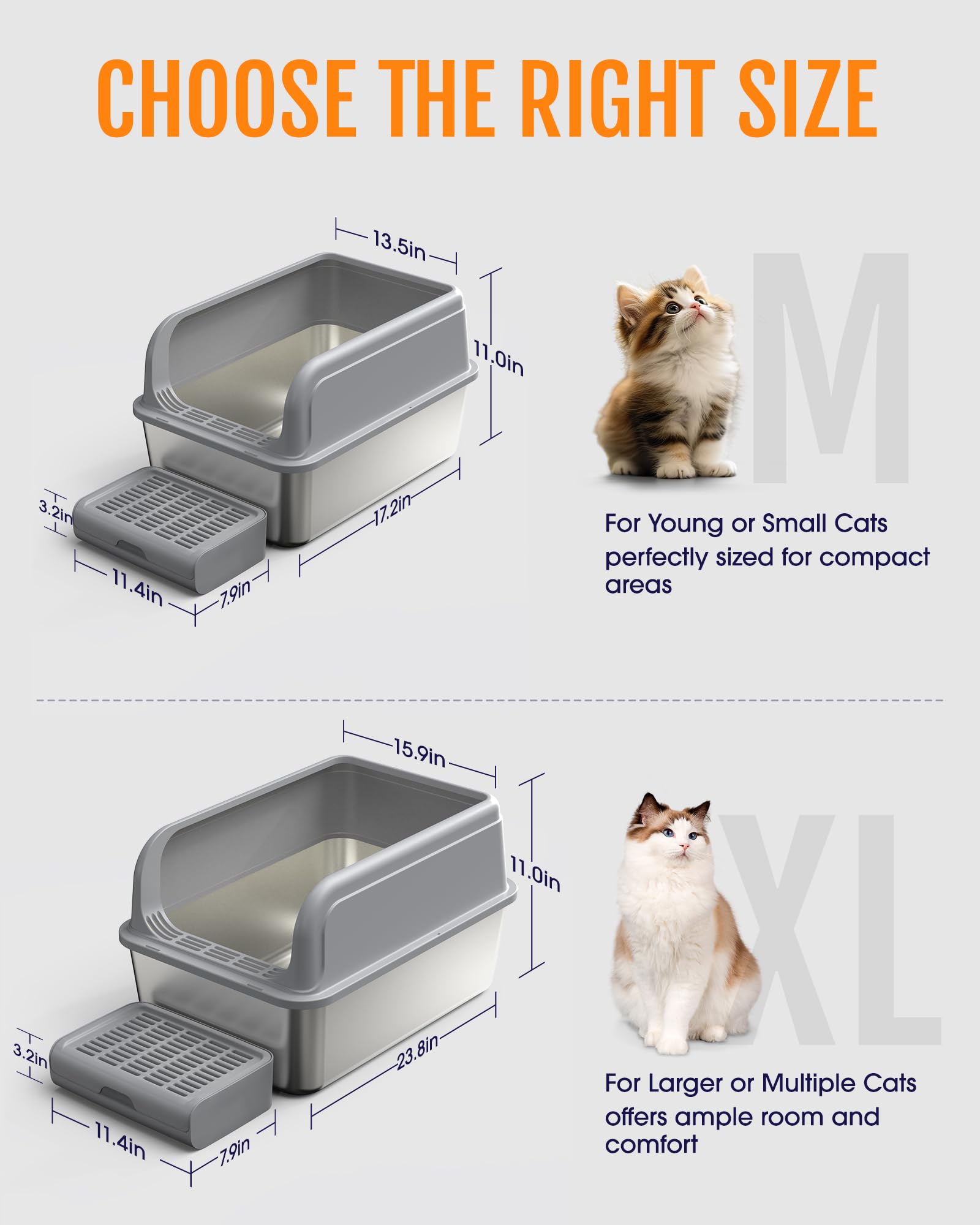 Powools Cat Litter Box - Stainless Steel, Scatter-Proof Top Entry & Elevated Step Board | Grey
