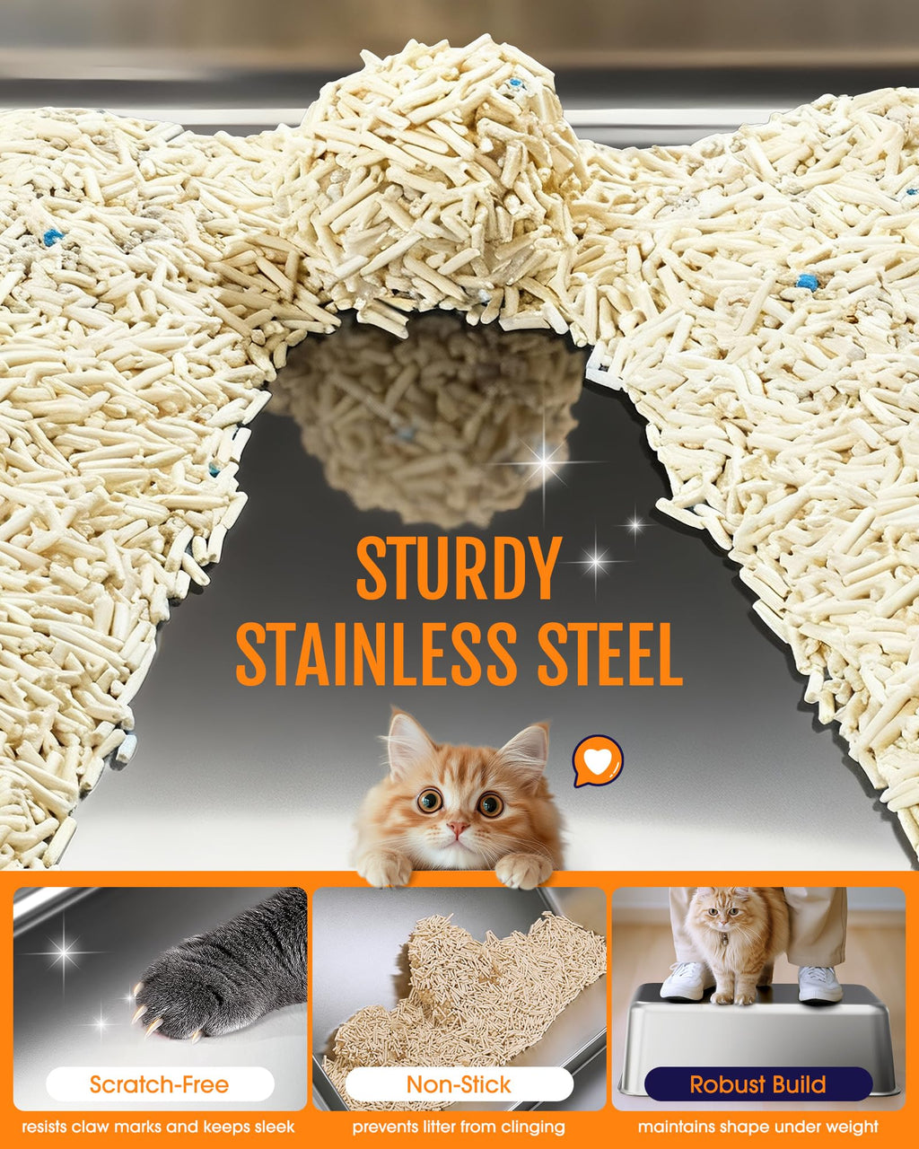 Powools Cat Litter Box - Stainless Steel, Scatter-Proof Top Entry & Elevated Step Board | Grey