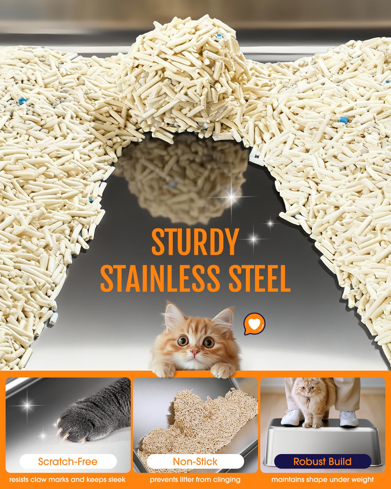 Powools Cat Litter Box - Stainless Steel, Scatter-Proof Top Entry & Elevated Step Board | Grey