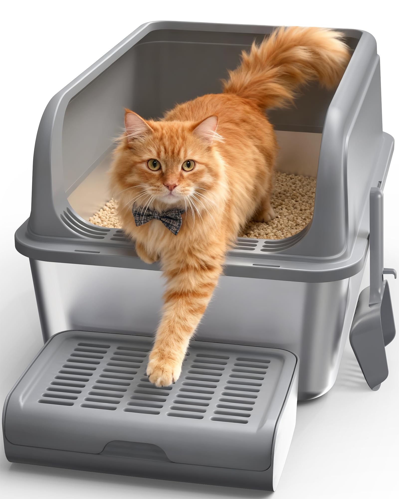 Powools Cat Litter Box - Stainless Steel, Scatter-Proof Top Entry & Elevated Step Board | Grey