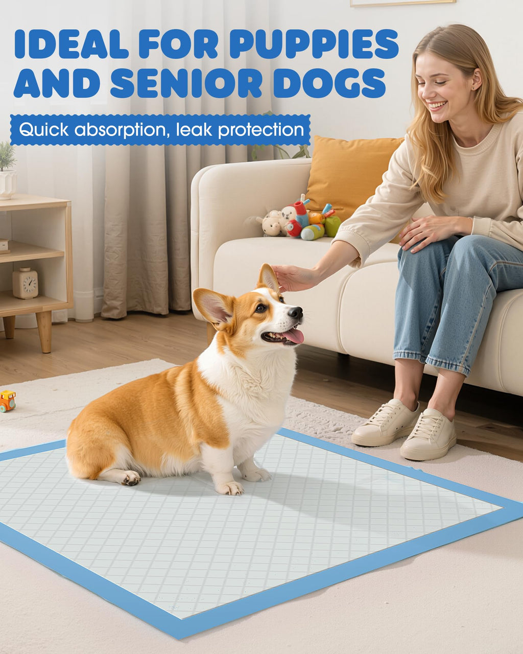 Powools 100-Pack X-Large Puppy Pads - 34 x 28 Inches, 6-Layer Leak-Proof Quick-Dry Training Pads (Blue)