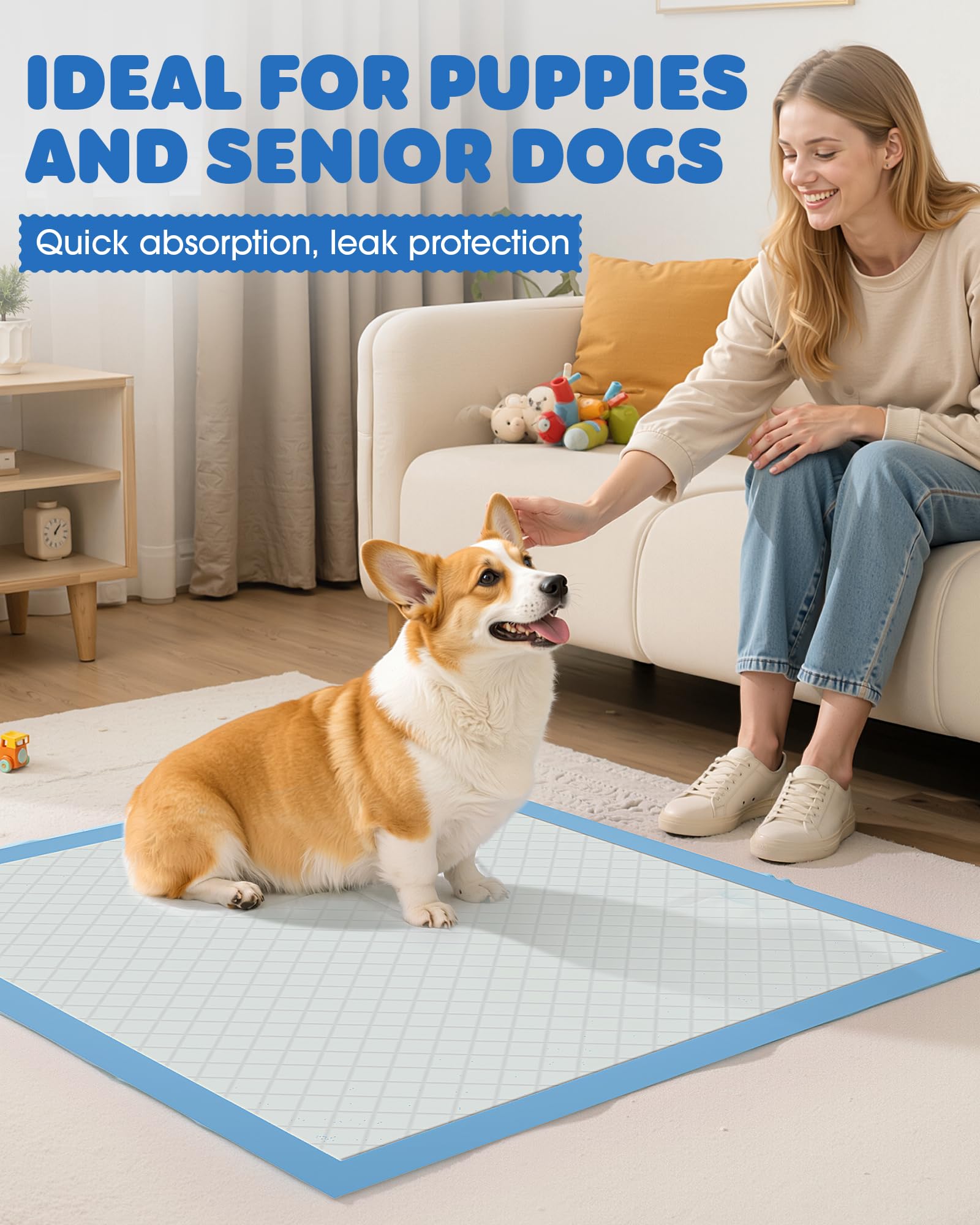 Powools 100-Pack X-Large Puppy Pads - 34 x 28 Inches, 6-Layer Leak-Proof Quick-Dry Training Pads (Blue)