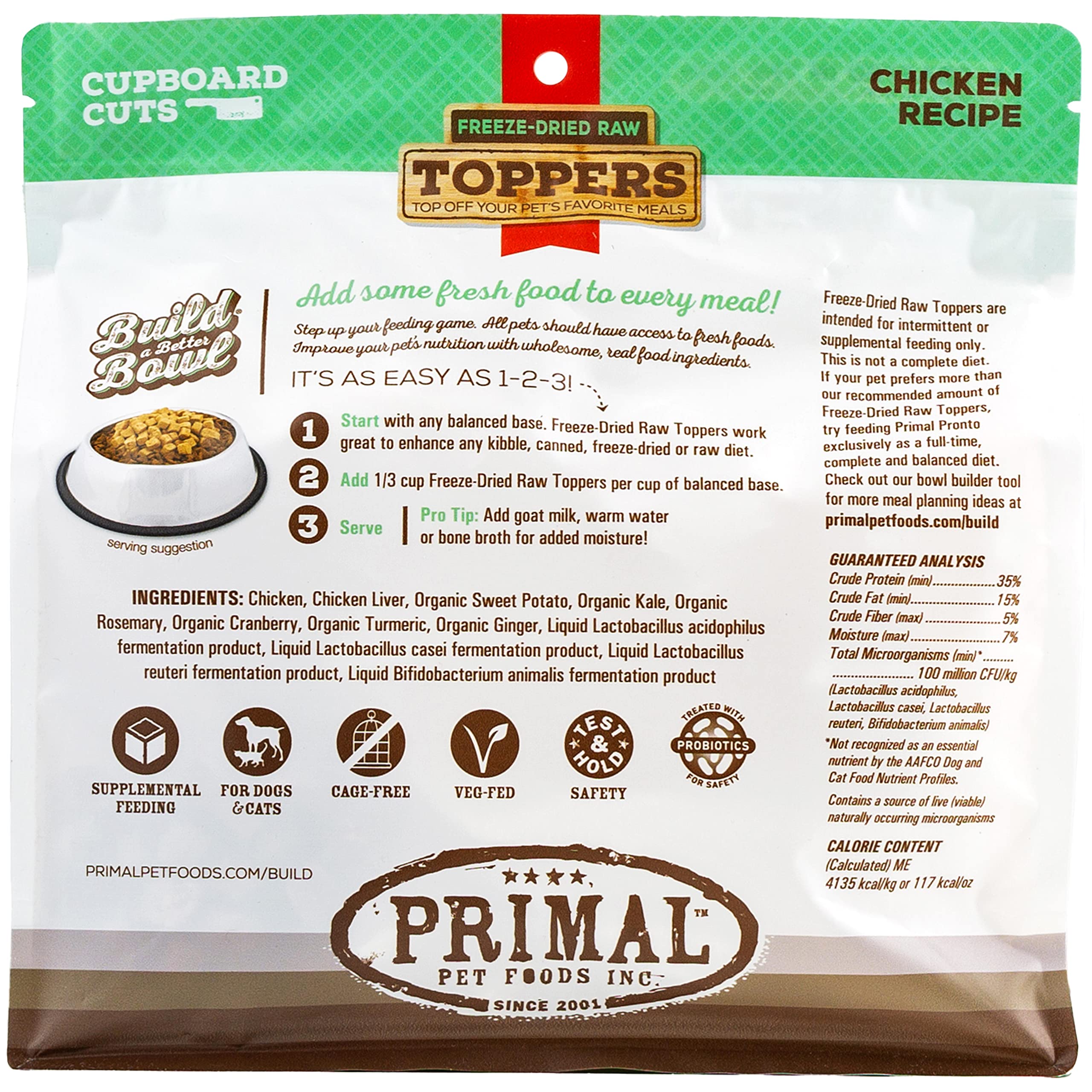 Primal Pet Foods: Dog & Cat Toppers — Grain-Free, Probiotic, Freeze-Dried Treats (Chicken, 18 oz)