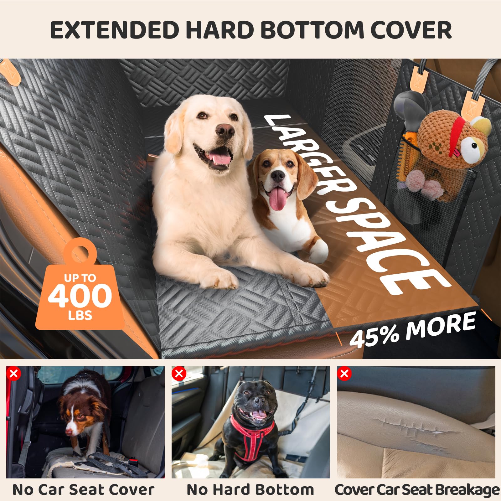 PROZAR Dog Car Seat Cover for Back Seat – Hard Bottom Extender, 400lb Support