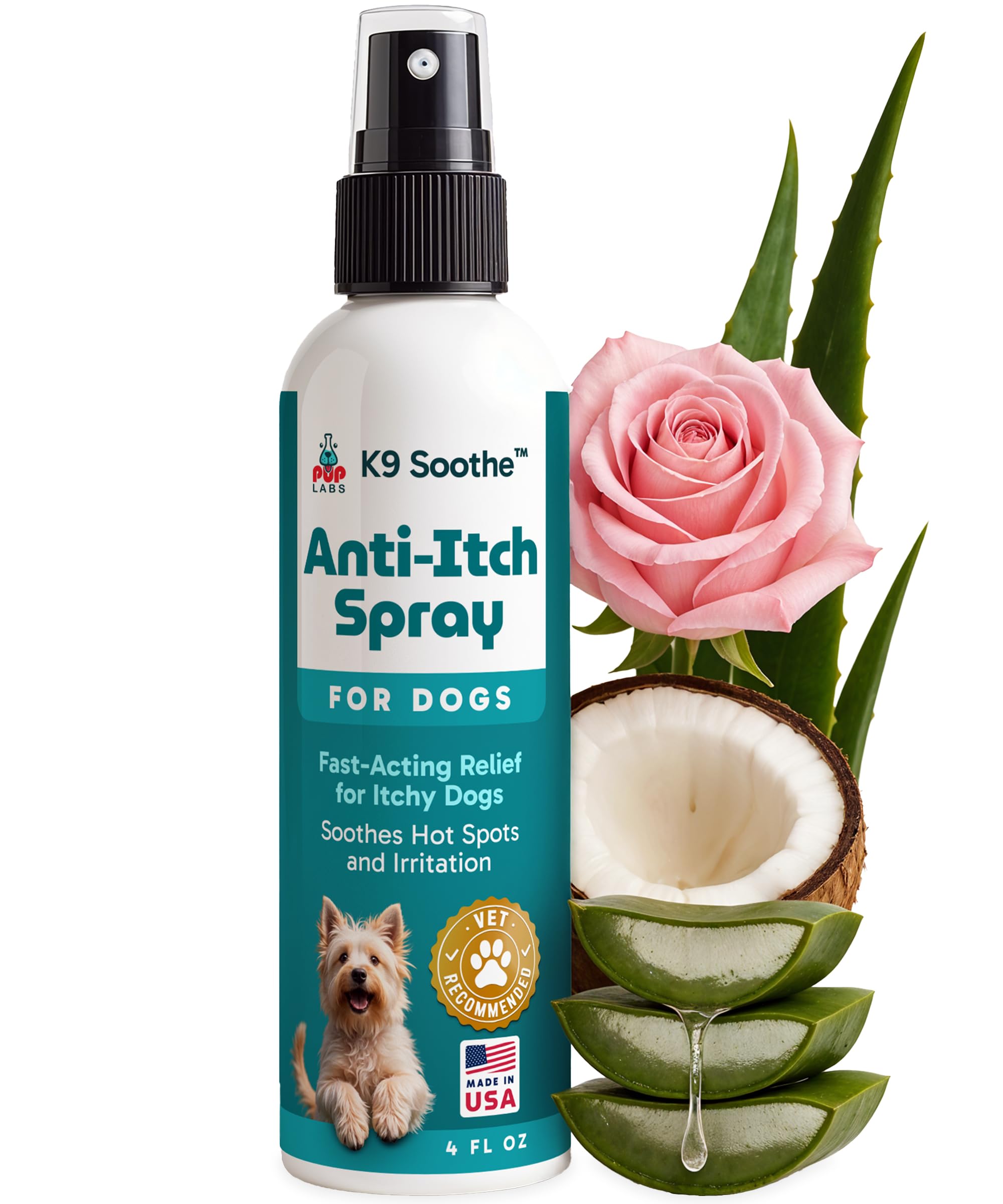 Pup Labs K9 Soothe Anti Itch Spray for Dogs with Aloe, Rose & Coconut | Natural Hot Spot Treatment
