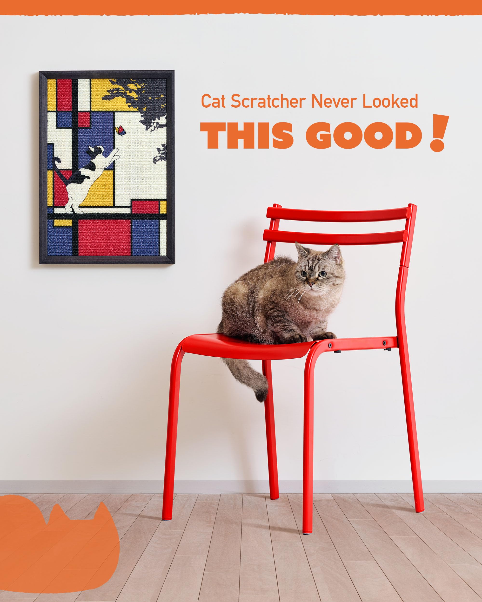 PURRDEE Mondrian-Inspired Wall Art Cat Scratcher – 14x20 Framed Sisal Scratch Pad, No-Drill Mount