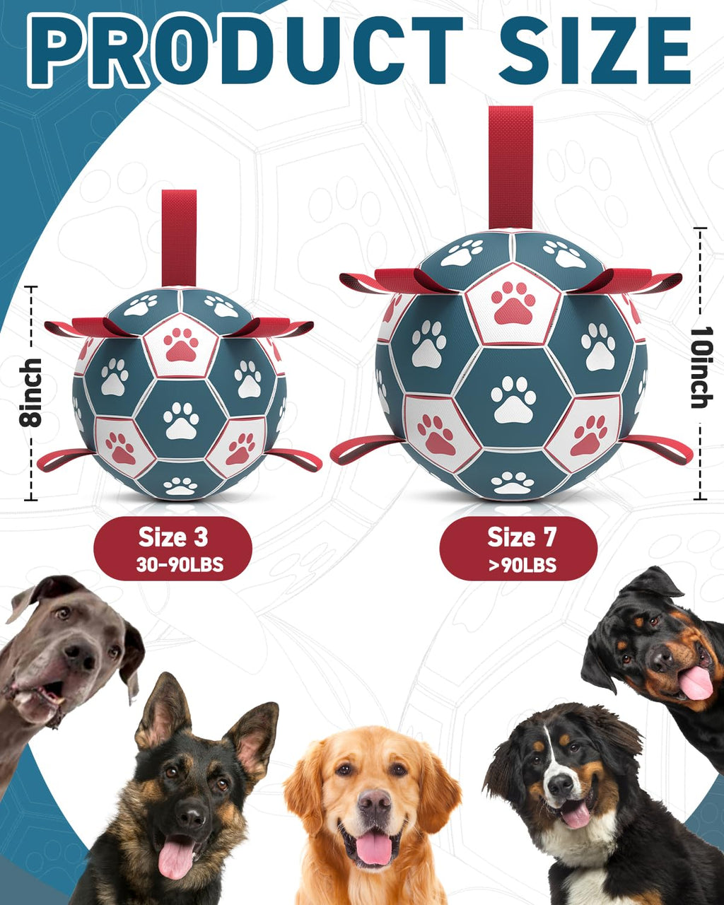 QDAN Dog Soccer Ball with Straps - 10 Inch Durable Outdoor Toy for Fetch, Tug & Training