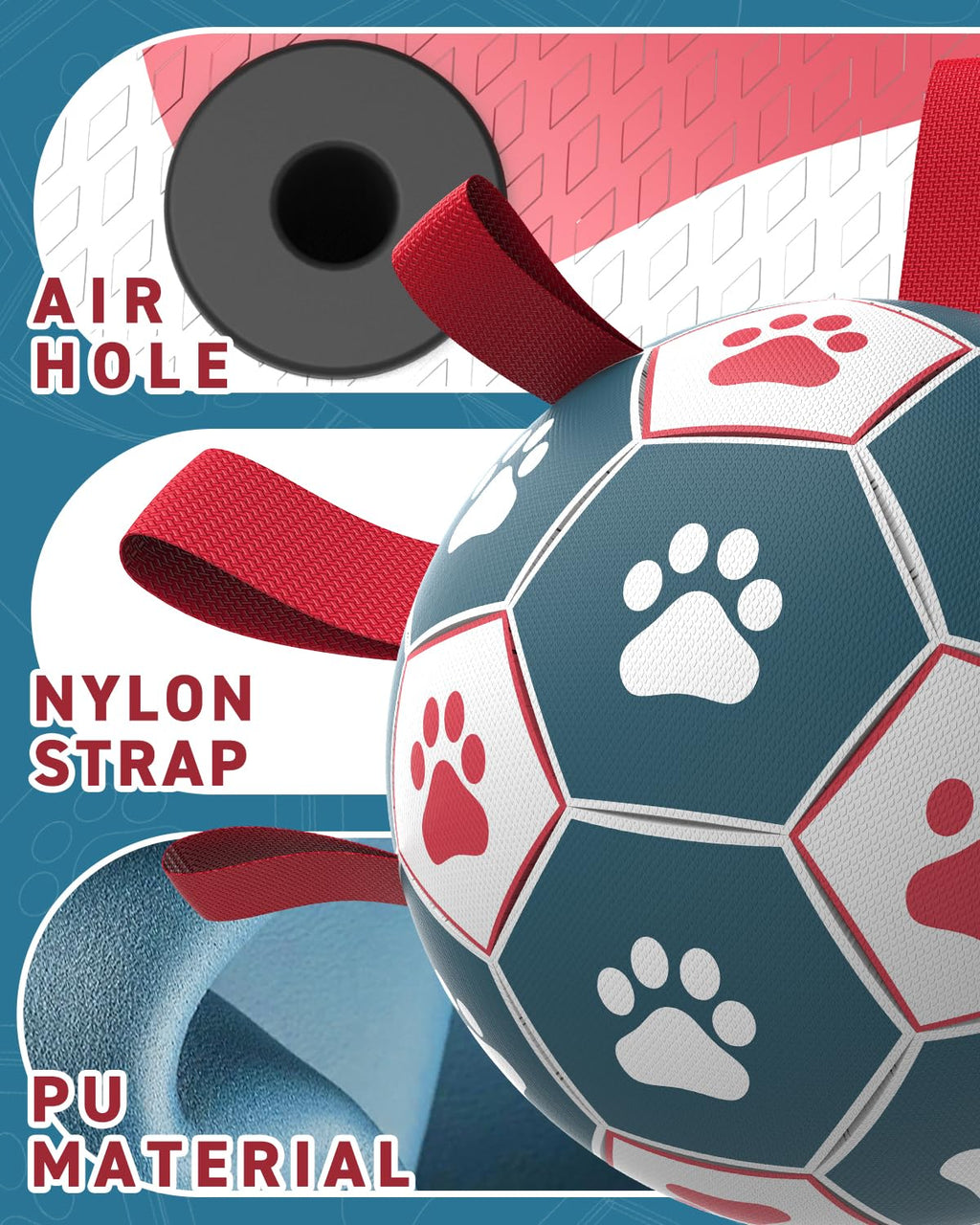 QDAN Dog Soccer Ball with Straps - 10 Inch Durable Outdoor Toy for Fetch, Tug & Training