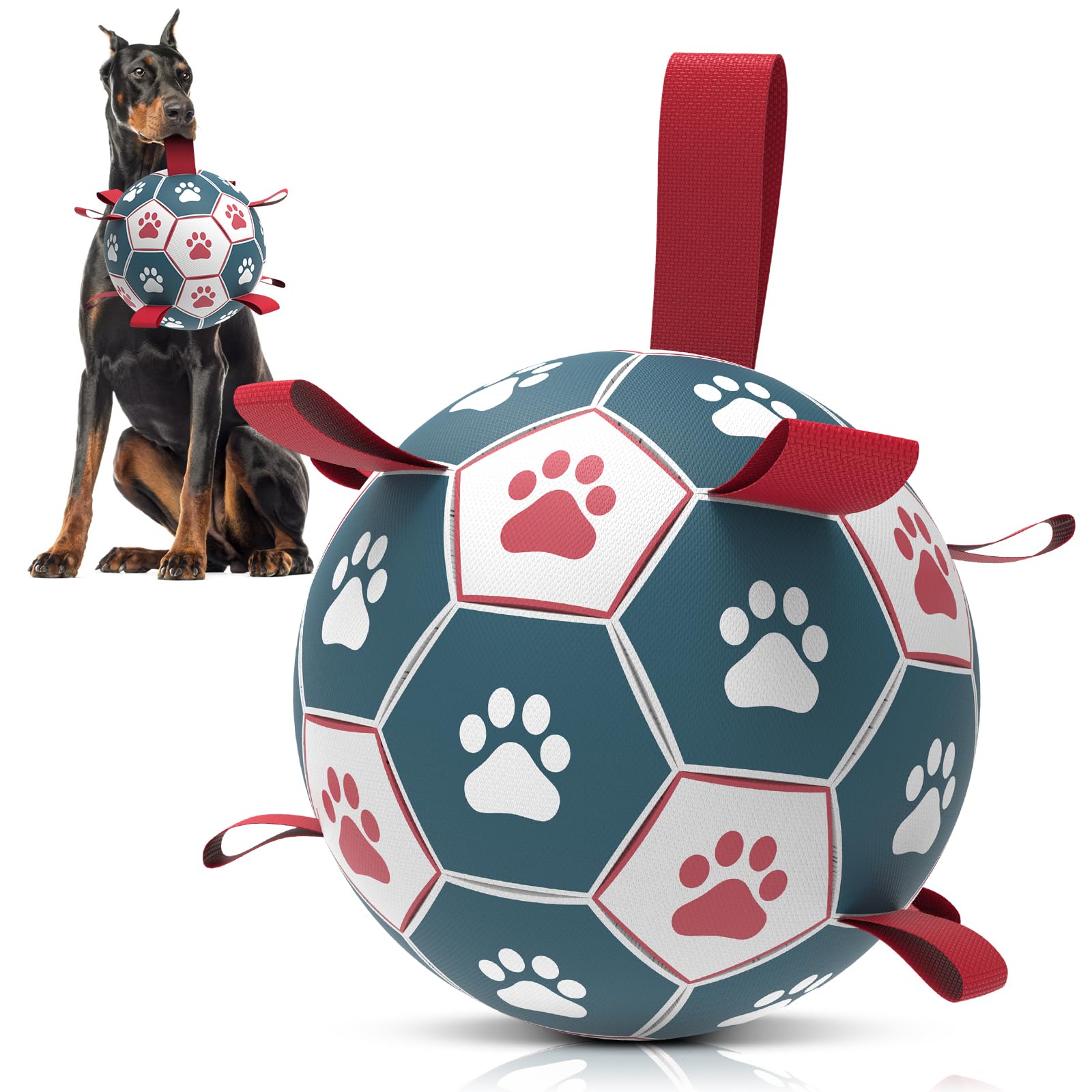 QDAN Dog Soccer Ball with Straps - 10 Inch Durable Outdoor Toy for Fetch, Tug & Training