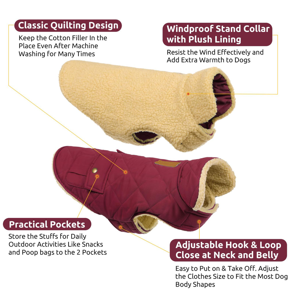 Queenmore Dog Winter Coat — Warm Puffer Jacket with Plush Lining, Burgundy, XS-XL