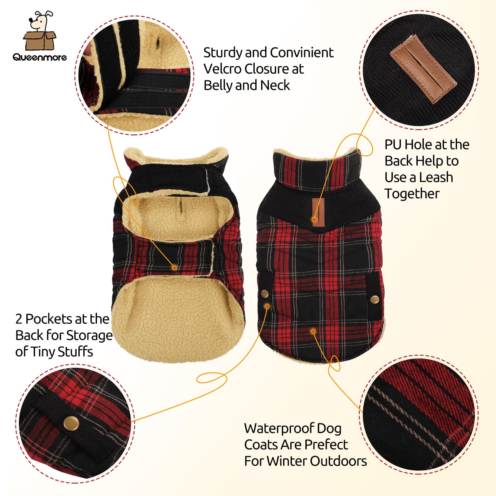 Queenmore Dog Winter Coat - Warm Quilted Plaid Jacket with Leash Hole (XS-XL)