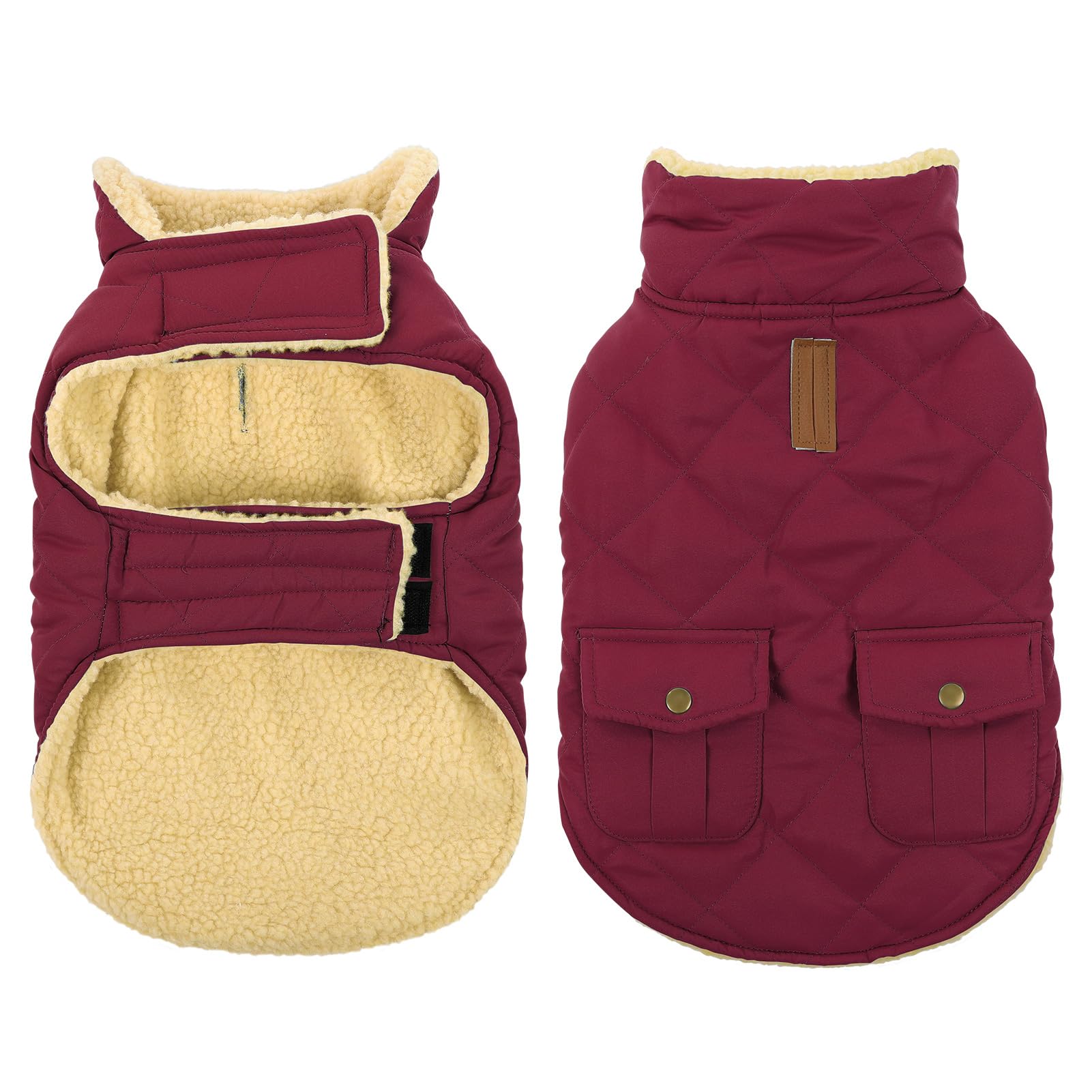 Queenmore Dog Winter Coat — Warm Puffer Jacket with Plush Lining, Burgundy, XS-XL