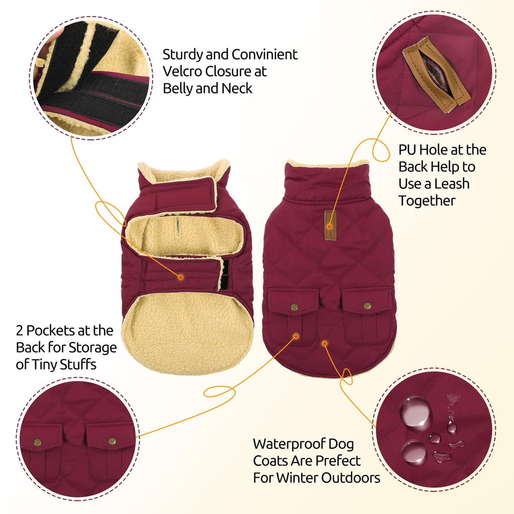 Queenmore Dog Winter Coat — Warm Puffer Jacket with Plush Lining, Burgundy, XS-XL
