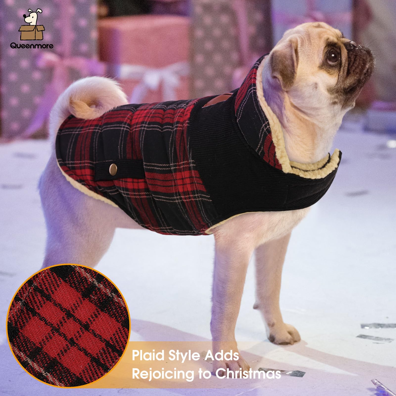 Queenmore Dog Winter Coat - Warm Quilted Plaid Jacket with Leash Hole (XS-XL)