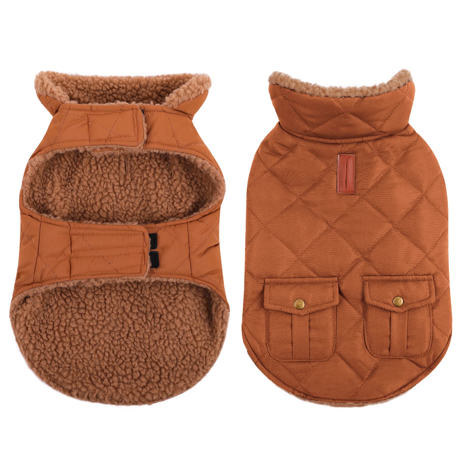 Queenmore Warm Coat for Dogs - Quilted Winter Jacket with Plush Lining & Storage Pockets (Brown, X-Large)