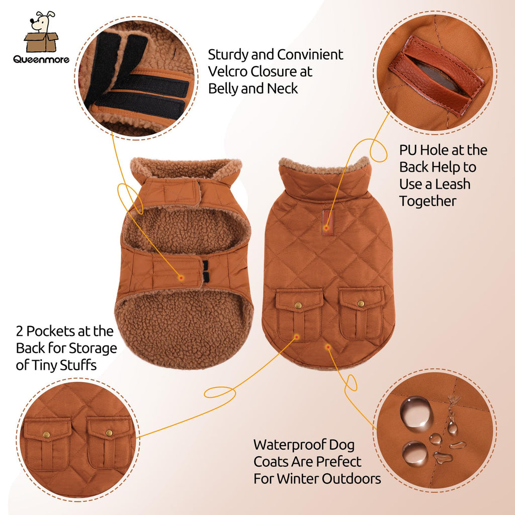 Queenmore Warm Coat for Dogs - Quilted Winter Jacket with Plush Lining & Storage Pockets (Brown, X-Large)