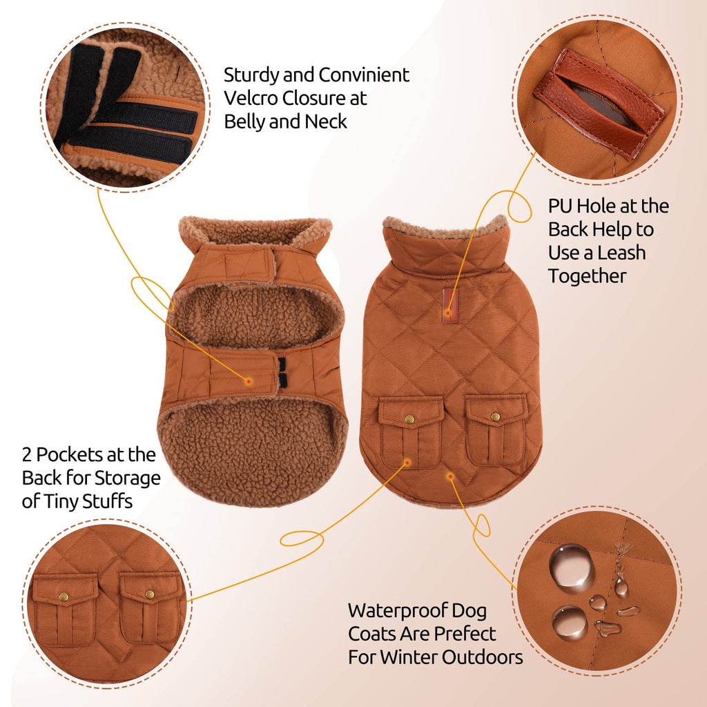 Queenmore Warm Dog Coat – Ultra Thick Plush Lining, Windproof Puffer Jacket with Leash Hole & Back Pockets (Brown, Large)