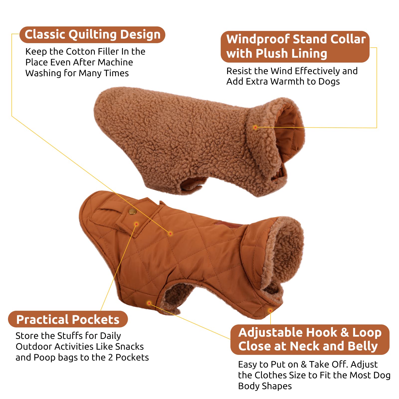 Queenmore Warm Dog Coat – Ultra Thick Plush Lining, Windproof Puffer Jacket with Leash Hole & Back Pockets (Brown, Large)