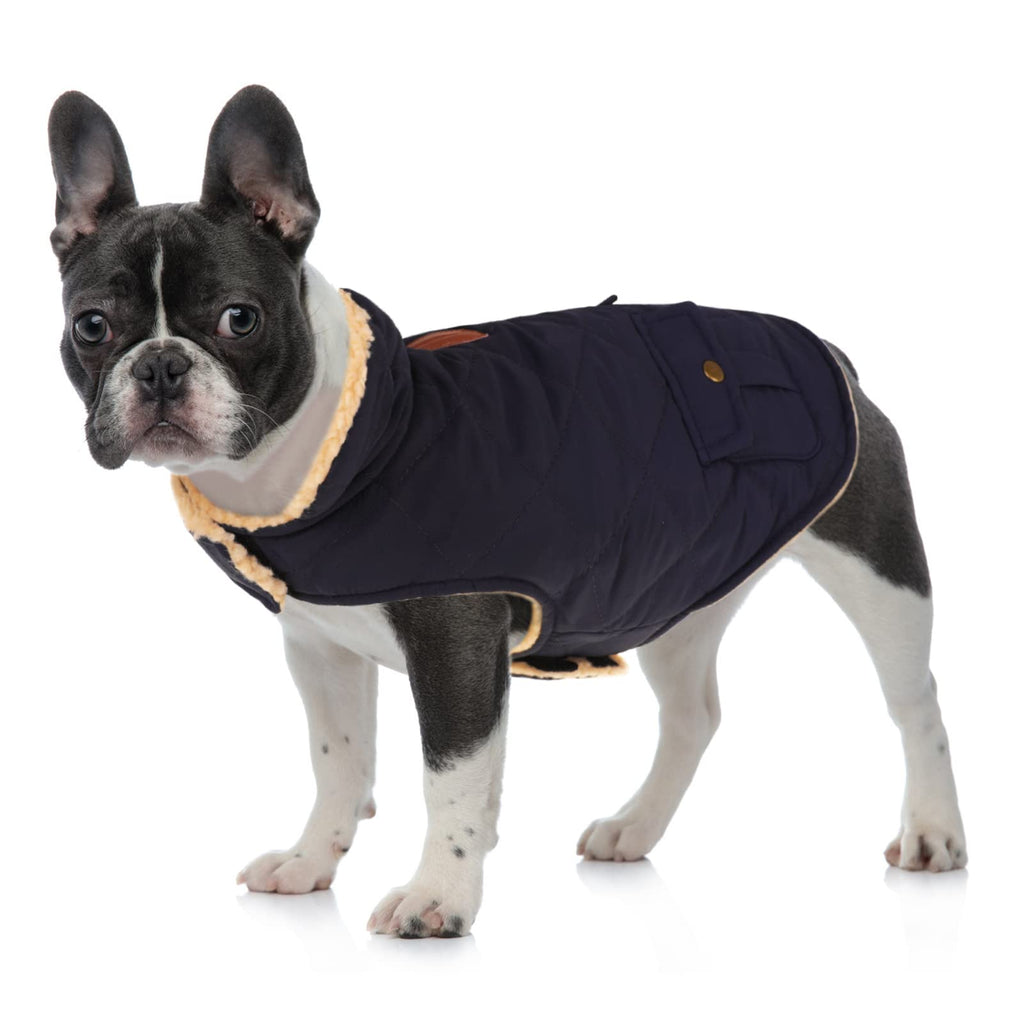 Queenmore Warm Puffer Dog Coat - Ultra Thick Plush Lining, Storage Pockets, Dark Navy Large