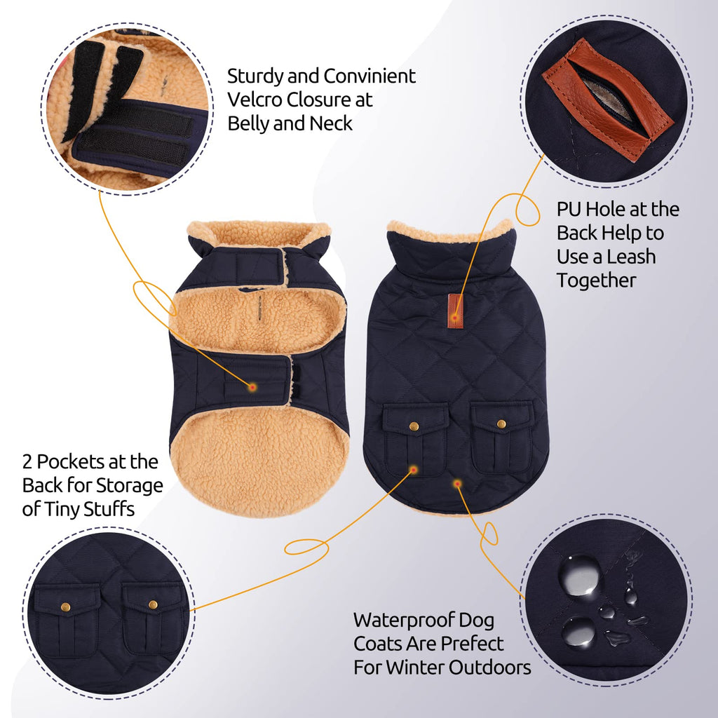 Queenmore Warm Puffer Dog Coat - Ultra Thick Plush Lining, Storage Pockets, Dark Navy Large