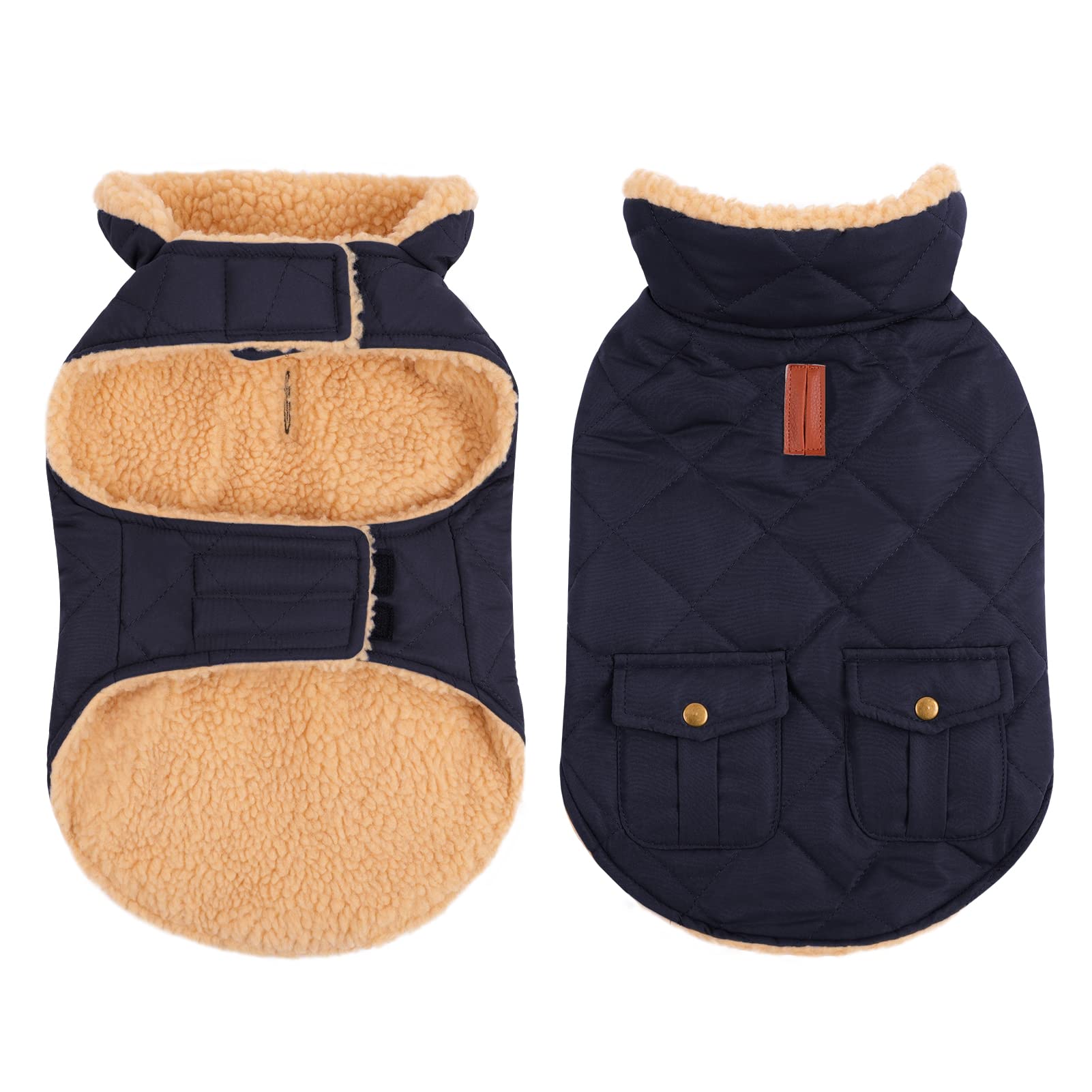 Queenmore Warm Puffer Dog Coat - Ultra Thick Plush Lining, Storage Pockets, Dark Navy Large