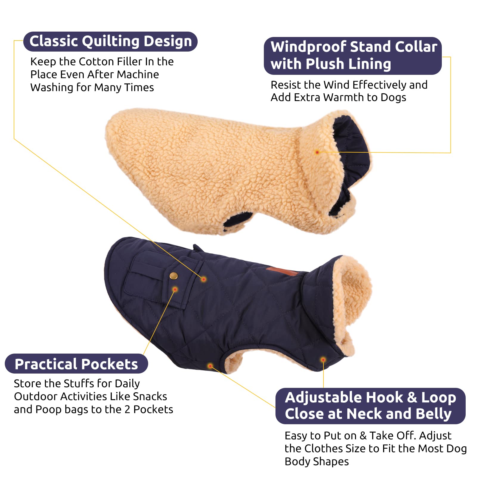 Queenmore Warm Puffer Dog Coat - Ultra Thick Plush Lining, Storage Pockets, Dark Navy Large