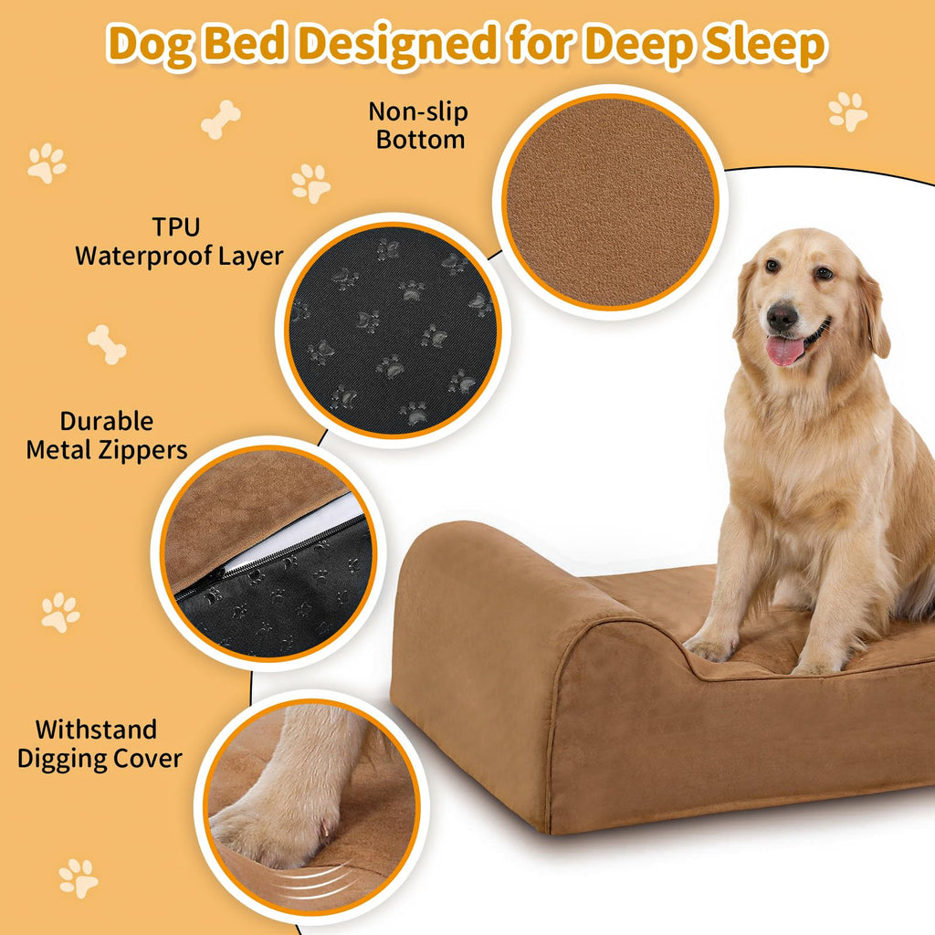 Rainmr Orthopedic Large Dog Bed — 7-Inch Memory Foam, Waterproof Liner, 48x30x7 in Khaki