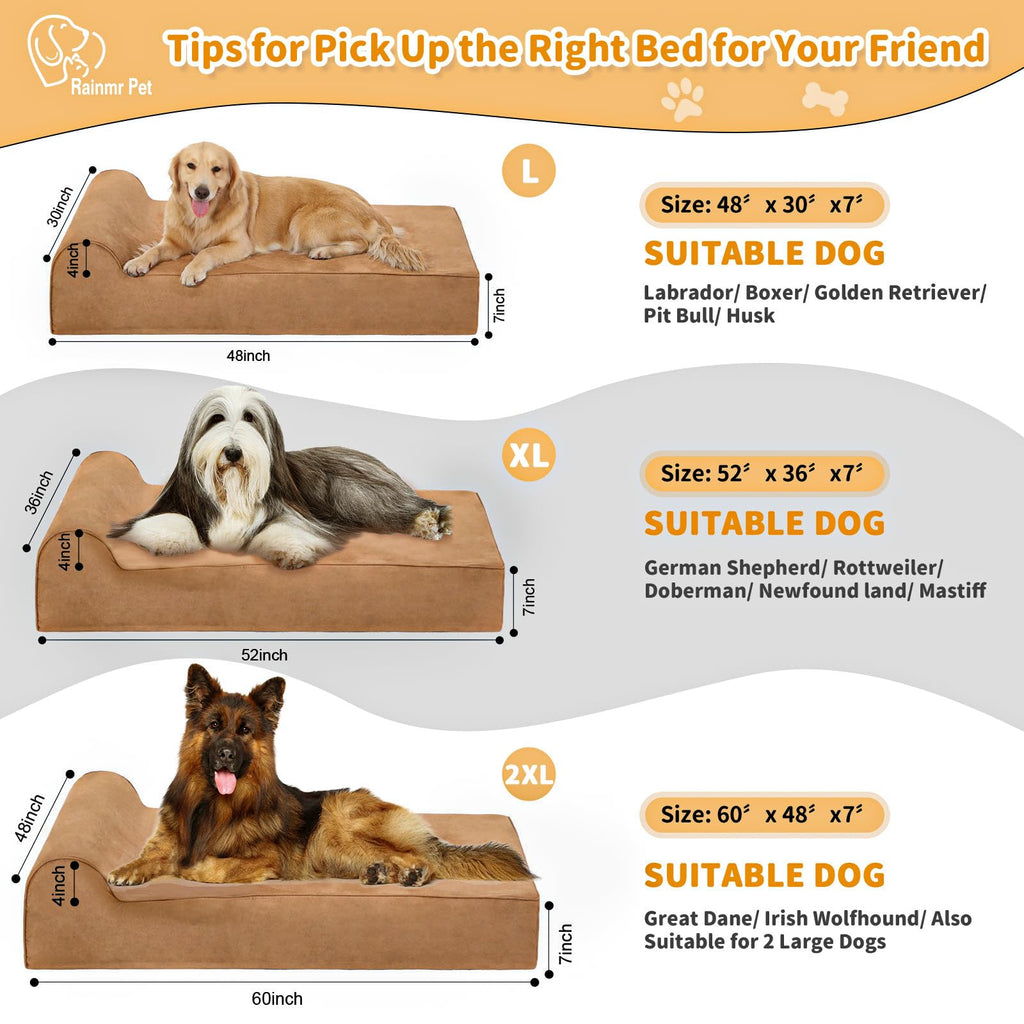 Rainmr Orthopedic Large Dog Bed — 7-Inch Memory Foam, Waterproof Liner, 48x30x7 in Khaki