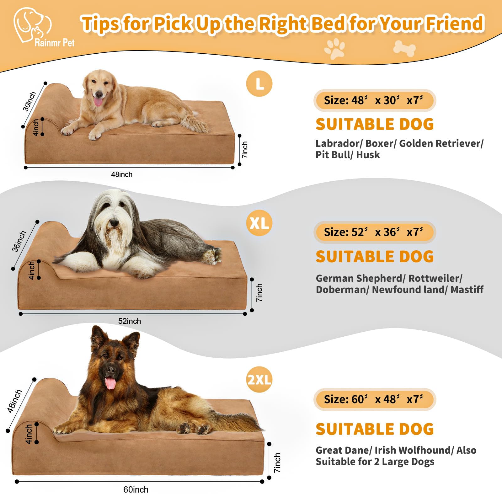 Rainmr Orthopedic Large Dog Bed — 7-Inch Memory Foam, Waterproof Liner, 48x30x7 in Khaki