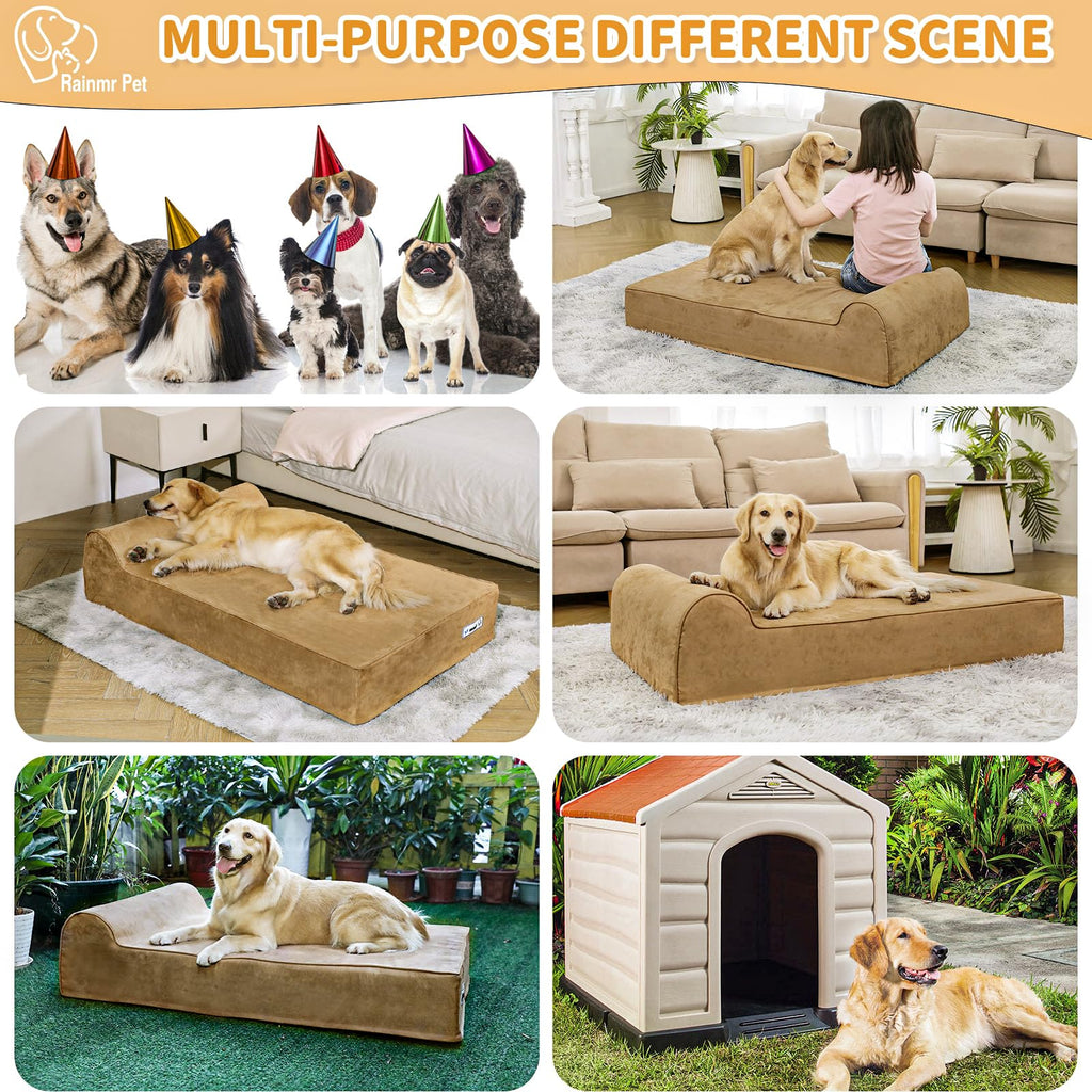 Rainmr Orthopedic Large Dog Bed — 7-Inch Memory Foam, Waterproof Liner, 48x30x7 in Khaki