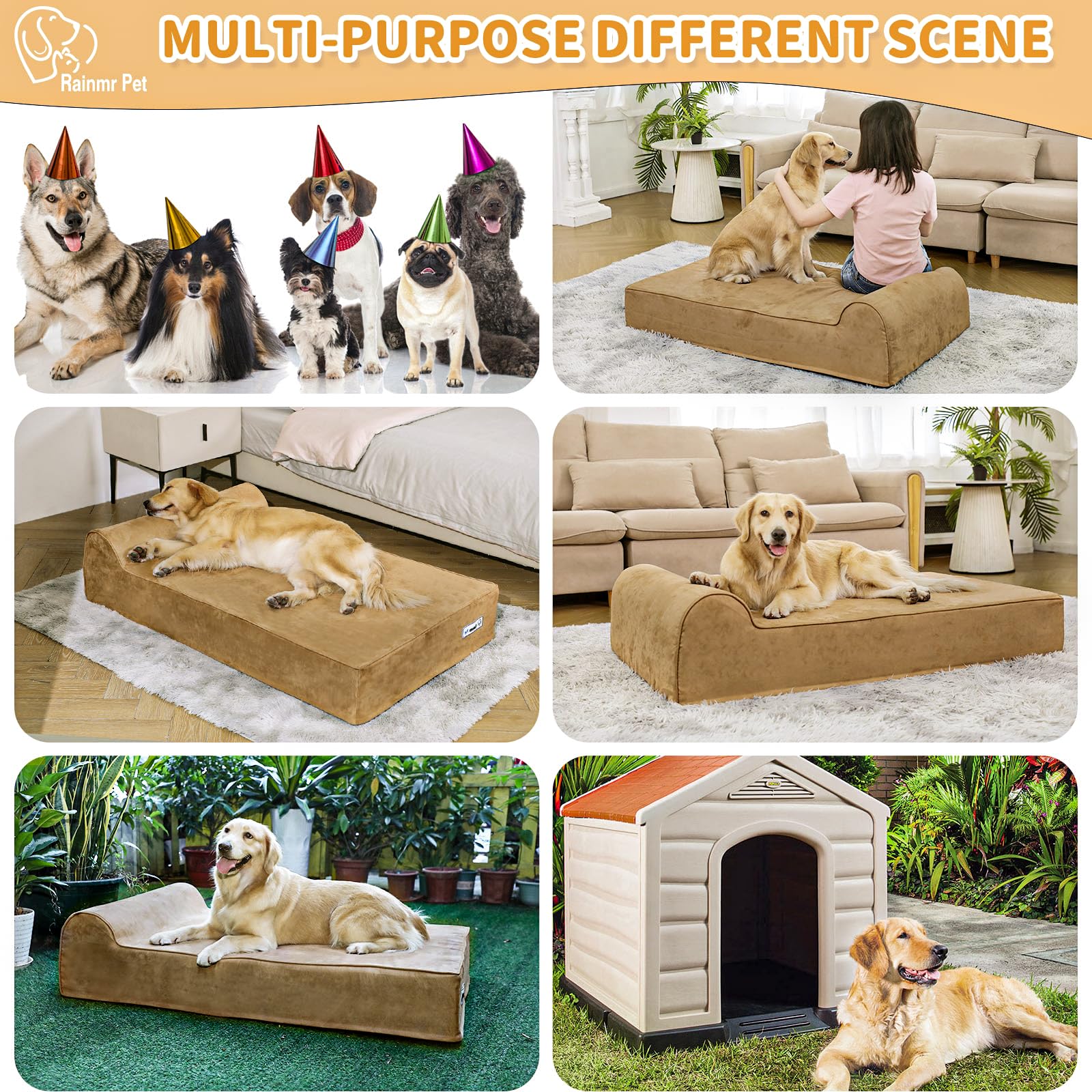 Rainmr Orthopedic Large Dog Bed — 7-Inch Memory Foam, Waterproof Liner, 48x30x7 in Khaki