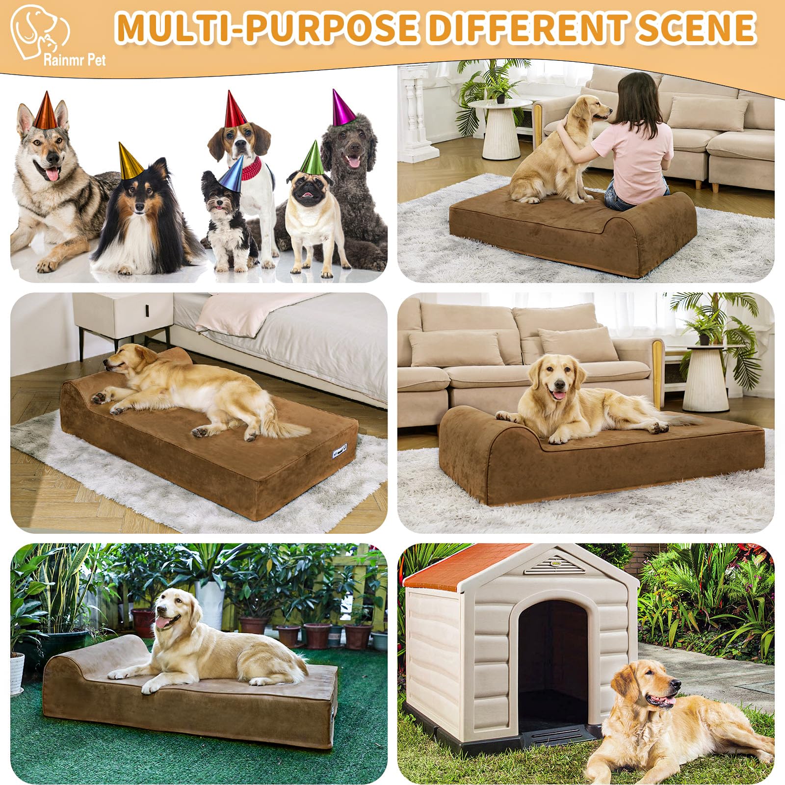 Rainmr Orthopedic Dog Bed for Large Dogs — XXL 60x48x7 inches, 7" Memory Foam, Waterproof Liner, Chew-Proof Microsuede