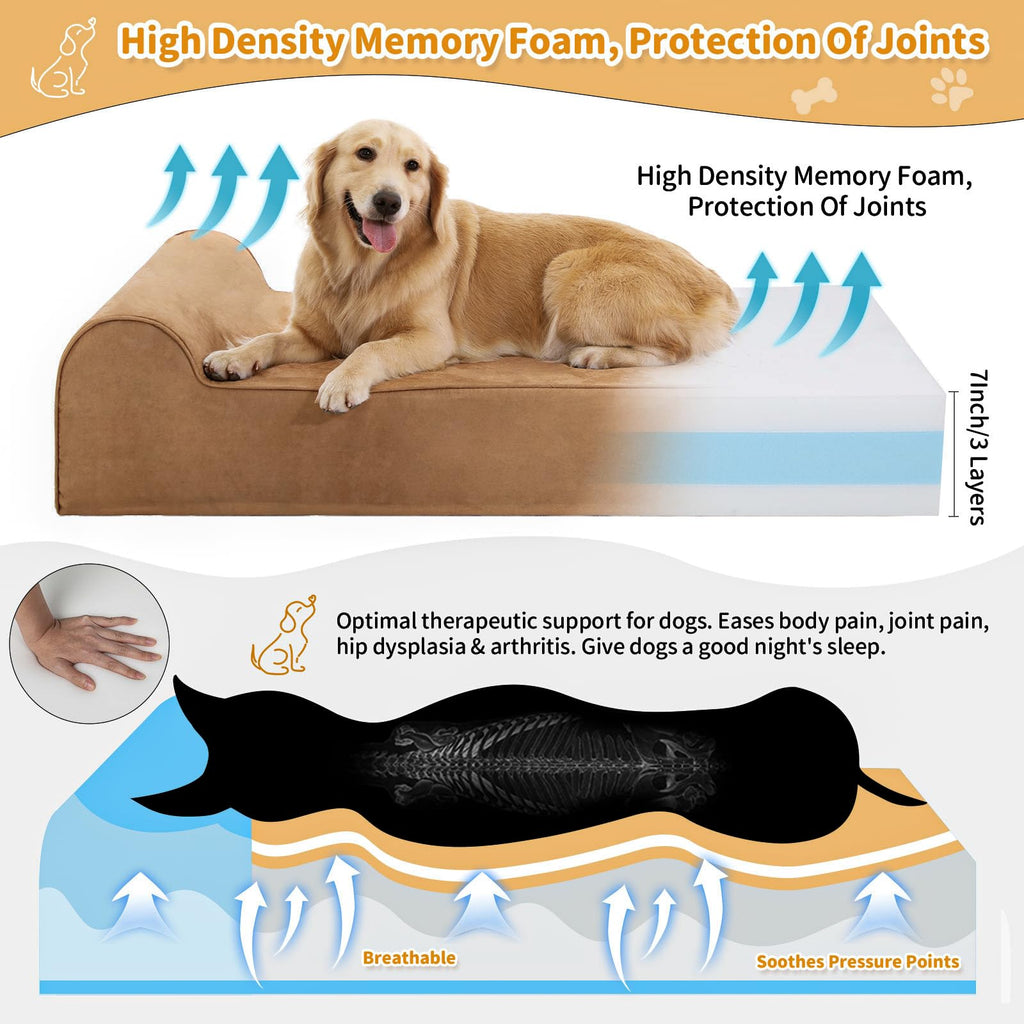 Rainmr Orthopedic Large Dog Bed — 7-Inch Memory Foam, Waterproof Liner, 48x30x7 in Khaki