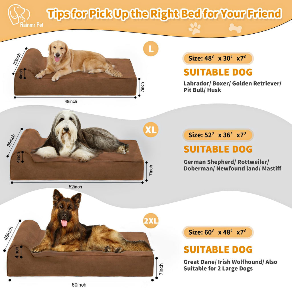 Rainmr Orthopedic Dog Bed for Large Dogs — XXL 60x48x7 inches, 7" Memory Foam, Waterproof Liner, Chew-Proof Microsuede