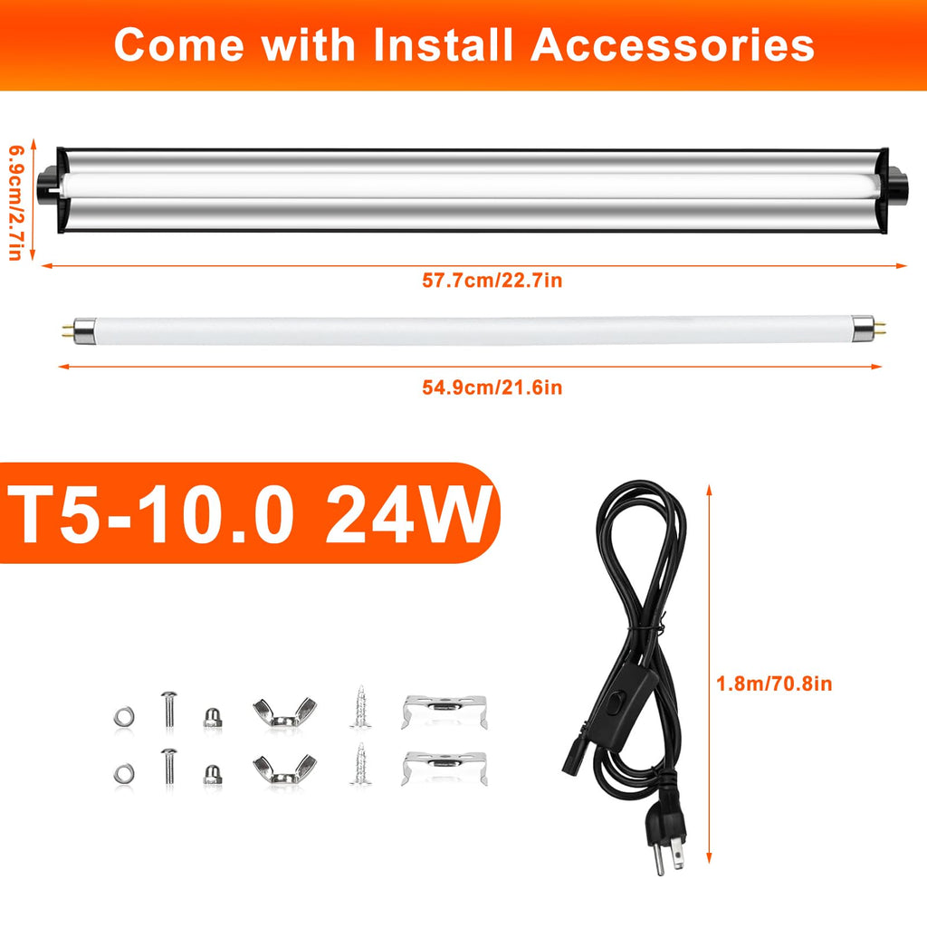 REPTIDLDB 24W T5 UVB Reptile Light Fixture Kit – 22in Hood, UVB 10.0, UVA 30%, Desert & Tropical