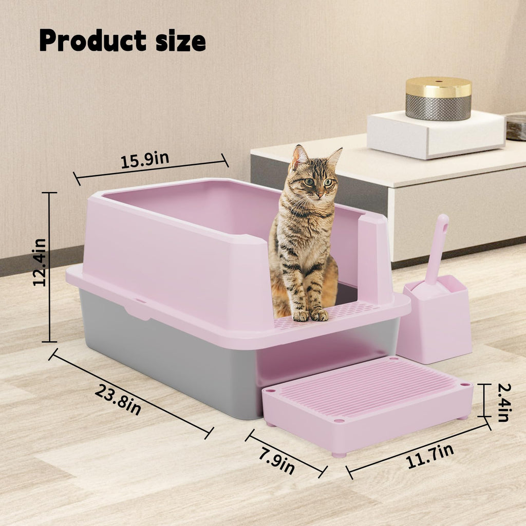 RIZZARI Large Cat Litter Box | Pink Semi-Closed Stainless Steel, High Edges, Teflon Non-Stick, Anti-Leakage