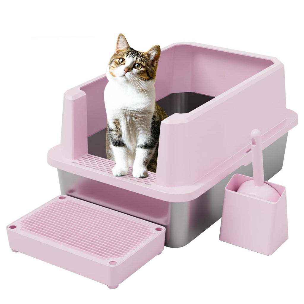 RIZZARI Large Cat Litter Box | Pink Semi-Closed Stainless Steel, High Edges, Teflon Non-Stick, Anti-Leakage
