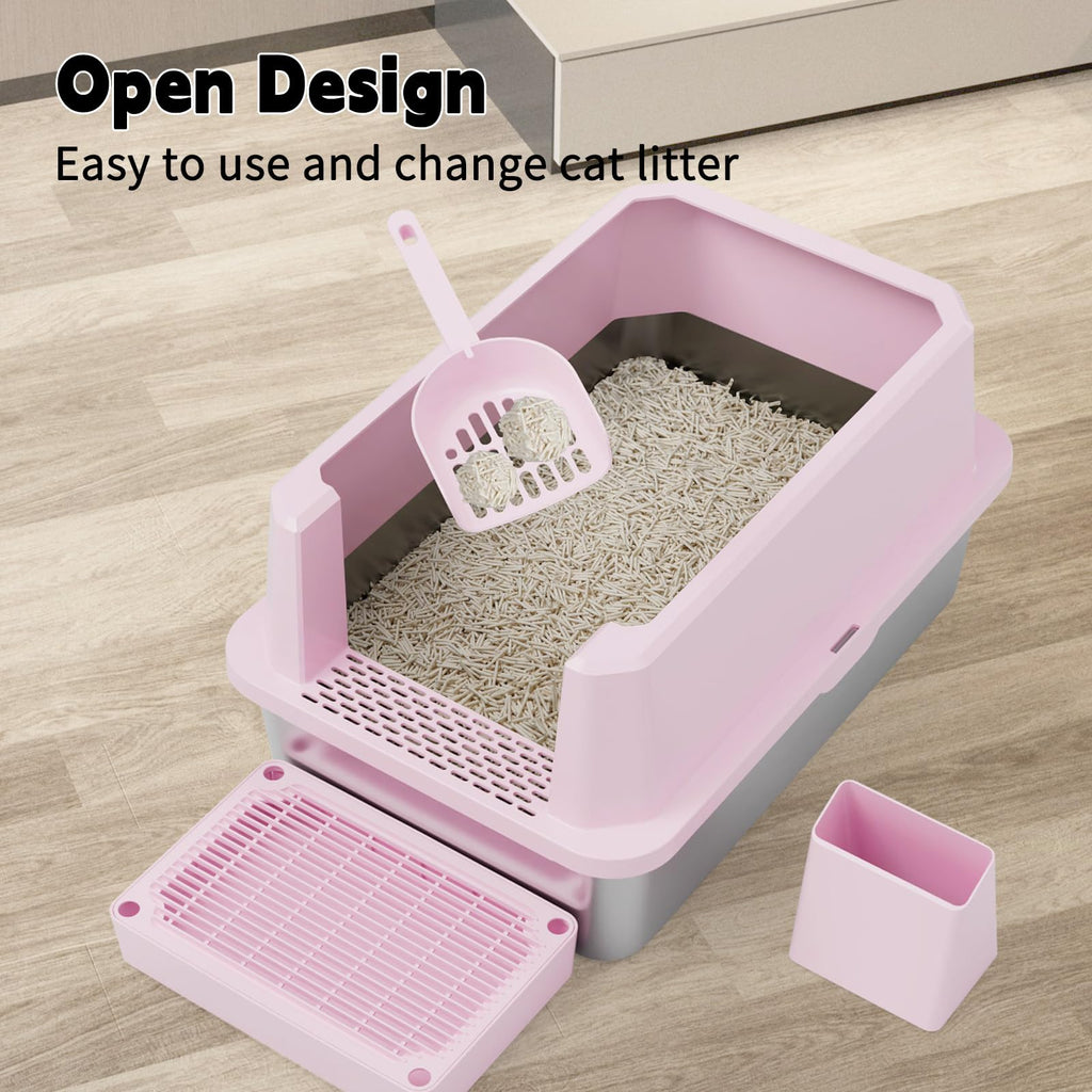 RIZZARI Large Cat Litter Box | Pink Semi-Closed Stainless Steel, High Edges, Teflon Non-Stick, Anti-Leakage