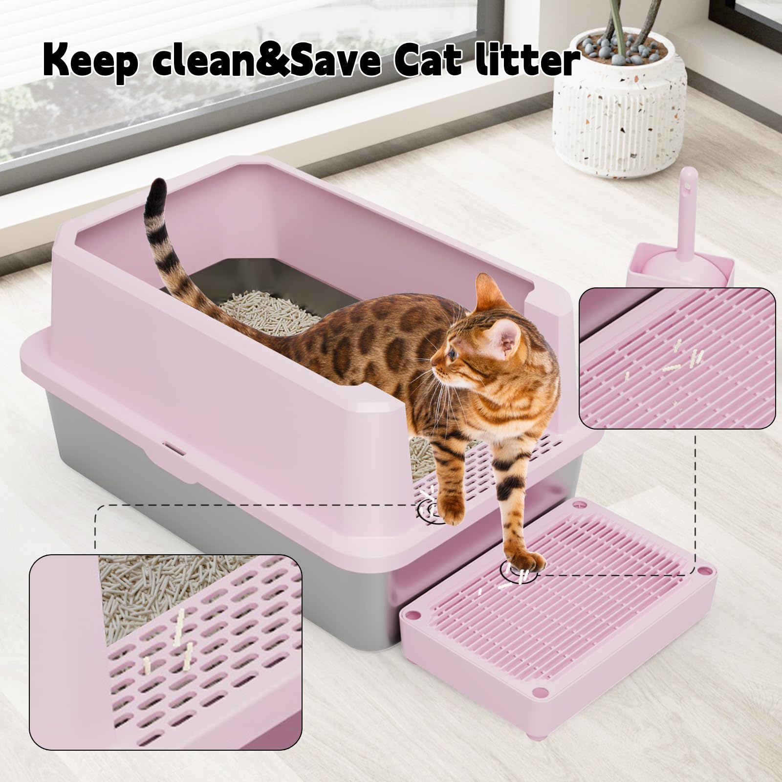 RIZZARI Large Cat Litter Box | Pink Semi-Closed Stainless Steel, High Edges, Teflon Non-Stick, Anti-Leakage
