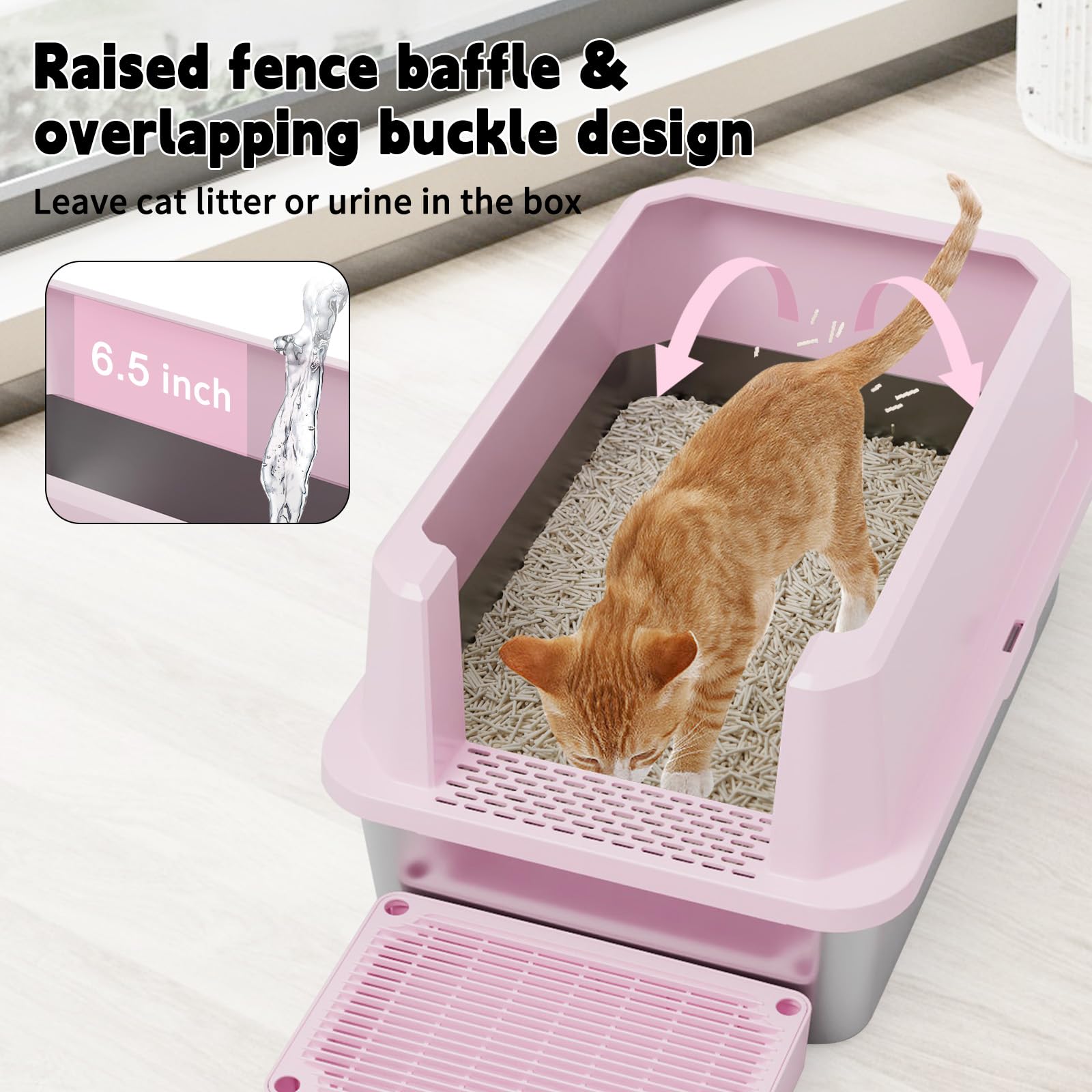 RIZZARI Large Cat Litter Box | Pink Semi-Closed Stainless Steel, High Edges, Teflon Non-Stick, Anti-Leakage
