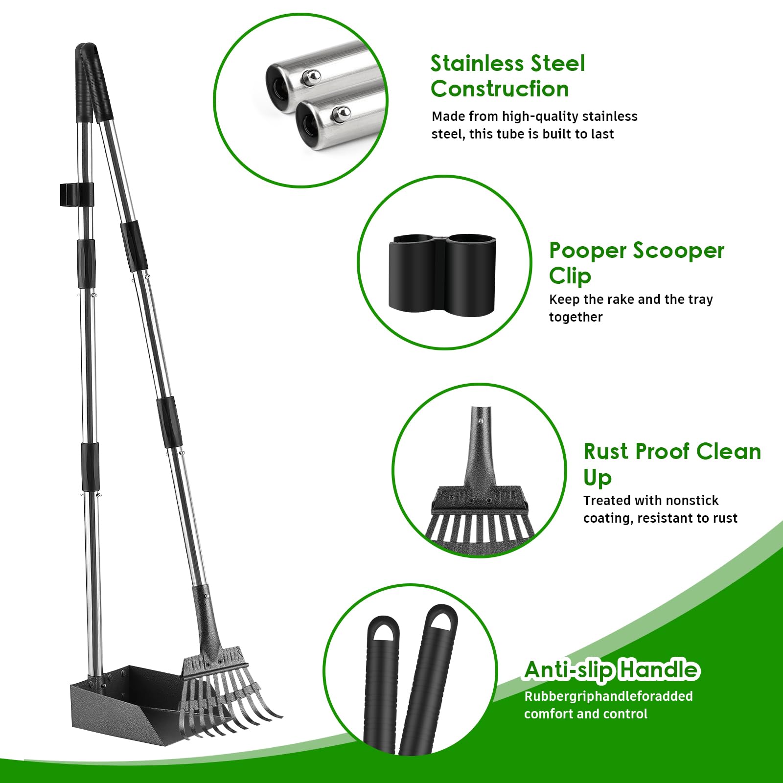 ROIUBPO Pooper Scooper with Long Handle — Stainless Steel Tray & Rake, Heavy Duty