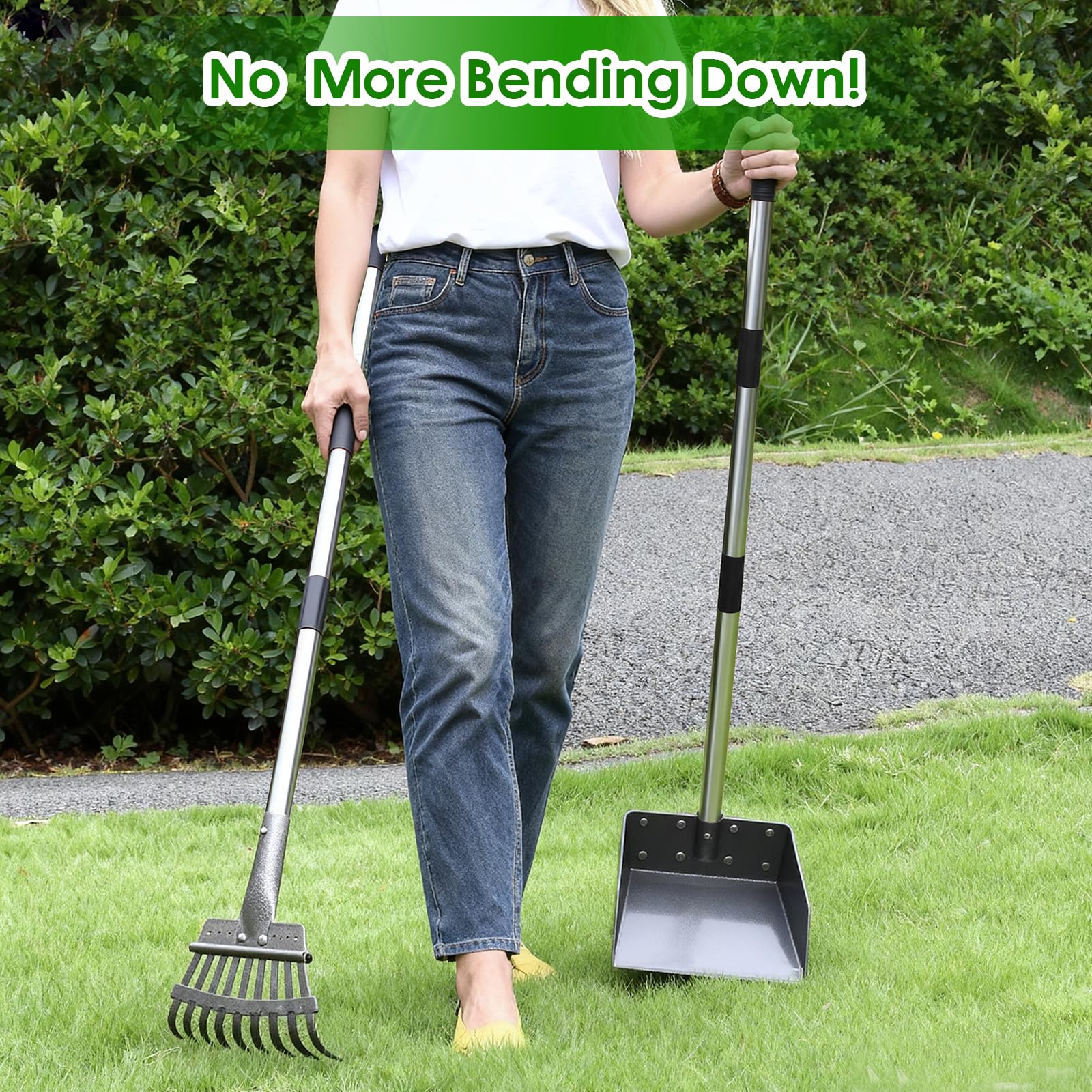 ROIUBPO Pooper Scooper with Long Handle — Stainless Steel Tray & Rake, Heavy Duty