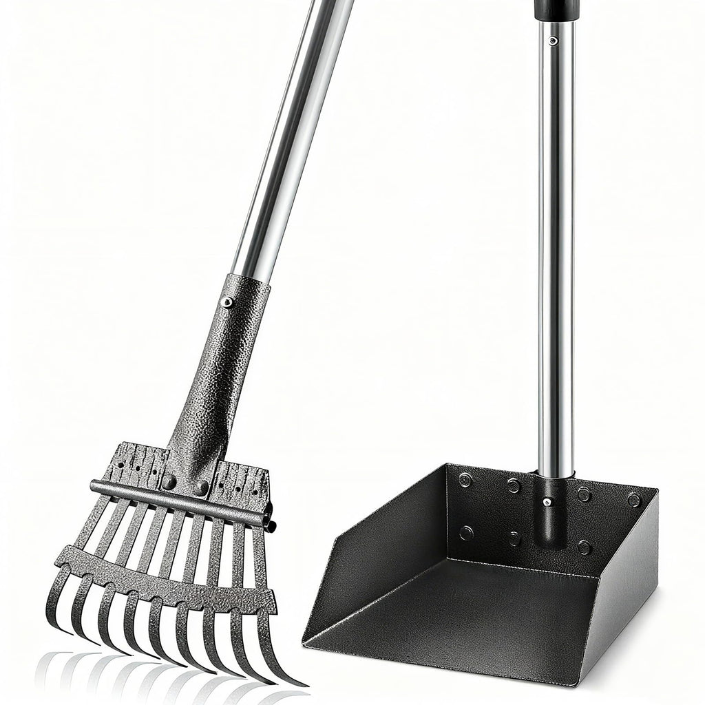 ROIUBPO Pooper Scooper with Long Handle — Stainless Steel Tray & Rake, Heavy Duty