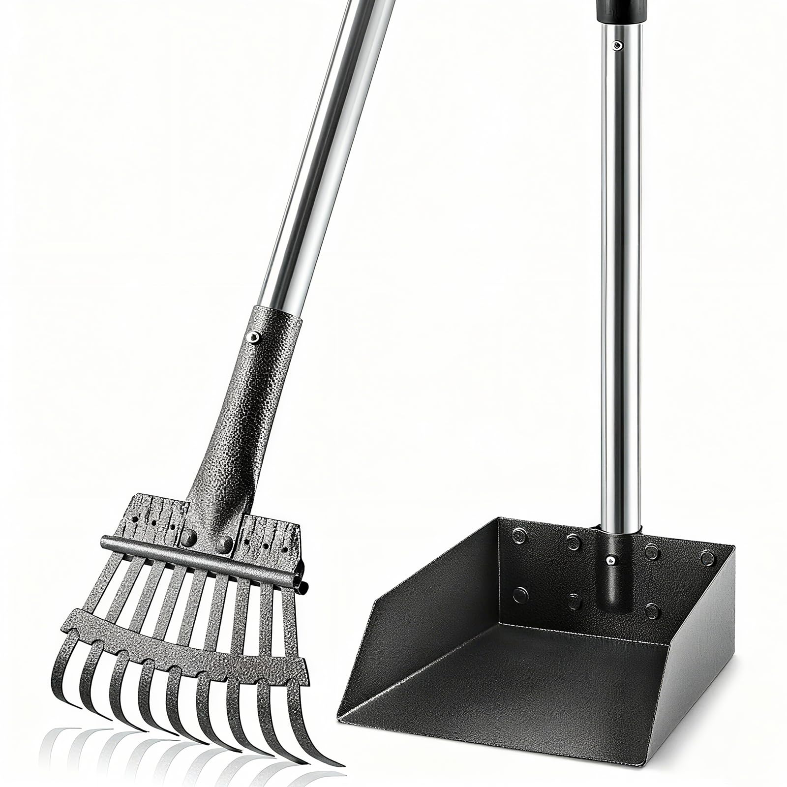 ROIUBPO Pooper Scooper with Long Handle — Stainless Steel Tray & Rake, Heavy Duty